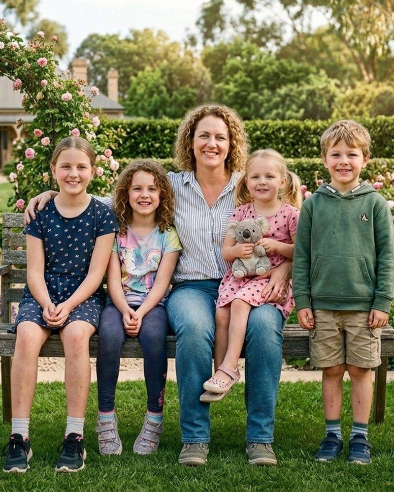 Alice with her children in the garden